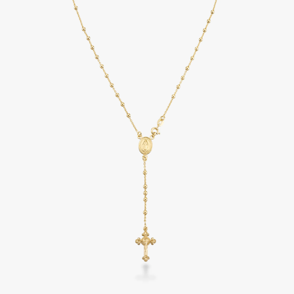 Rosary Beaded Cross Y Necklace in 18K Gold Over Sterling Silver