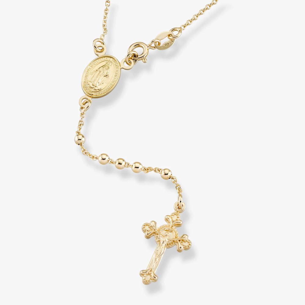 Rosary Beaded Cross Y Necklace in 18K Gold Over Sterling Silver