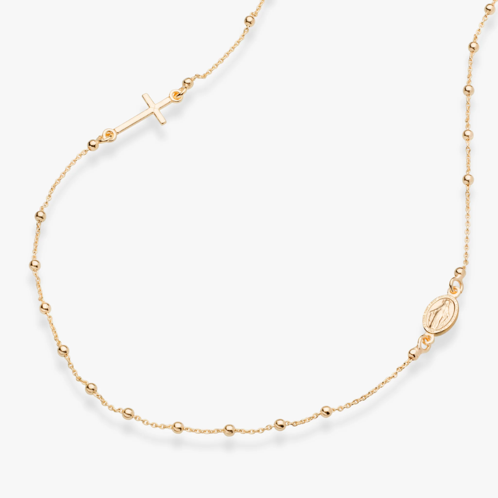 Rosary Sideways Cross Necklace in 18K Gold Over Sterling Silver