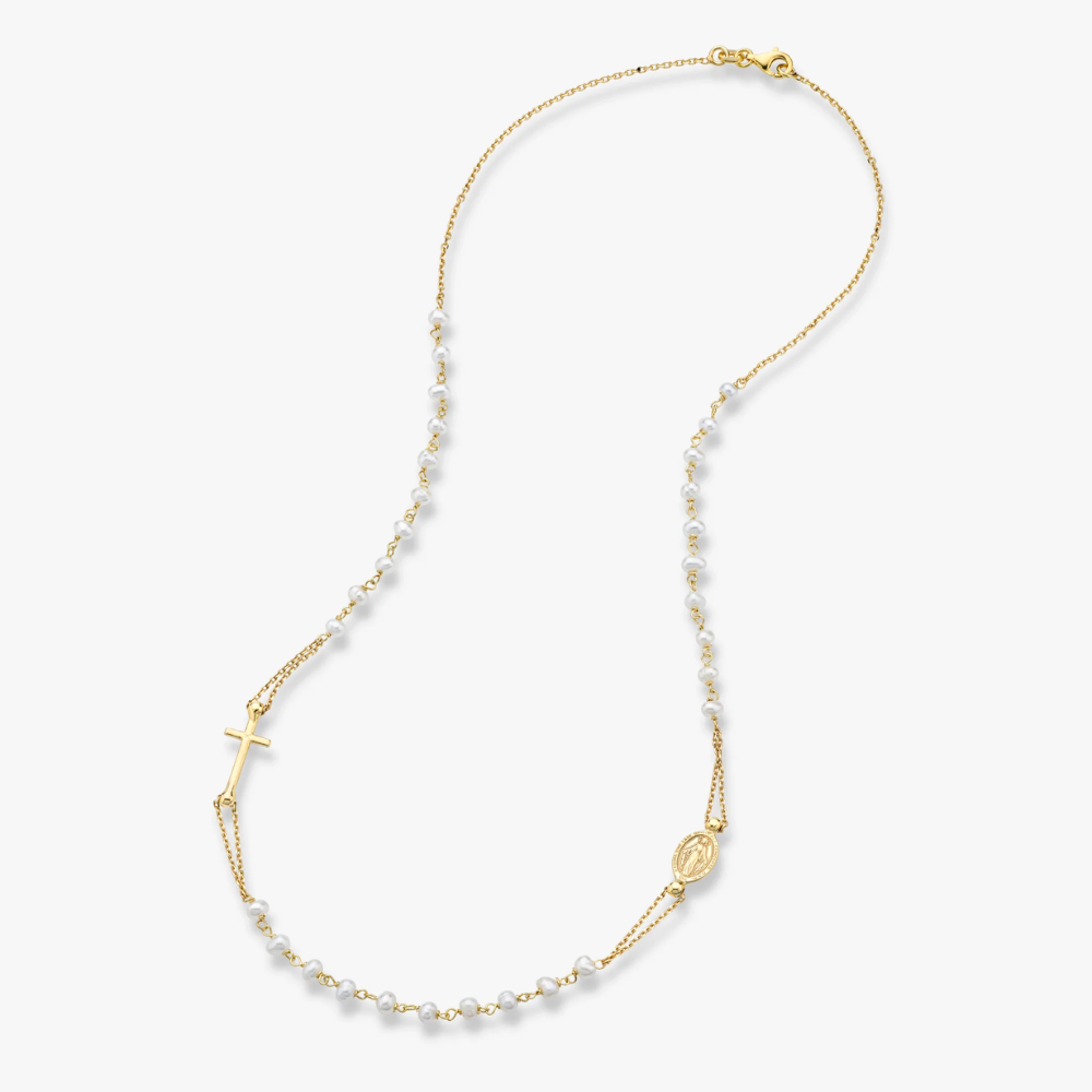 Freshwater Pearl Rosary Beaded Sideways Cross Necklace in 18K Gold Over Sterling Silver