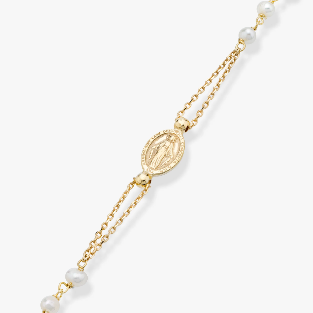 Freshwater Pearl Rosary Beaded Sideways Cross Necklace in 18K Gold Over Sterling Silver