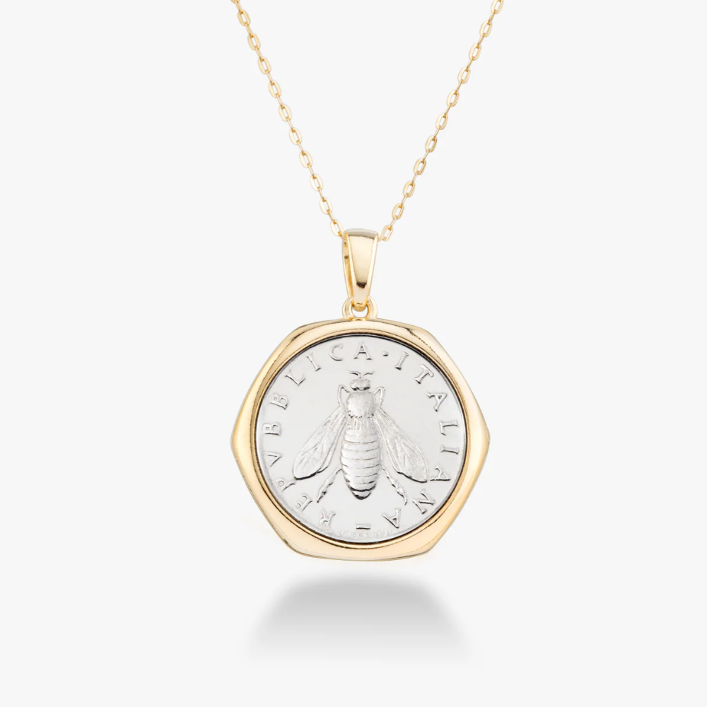 Original 2-Lira Bee Coin Pendant Necklace in 18K Gold Over Sterling Silver