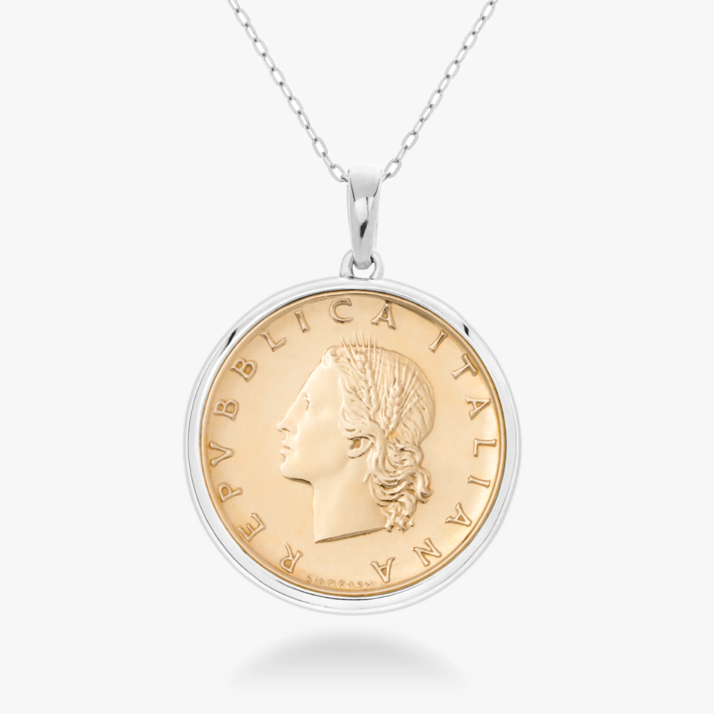 Original Italian 20 Lira Coin Pendant Necklace in Sterling Silver