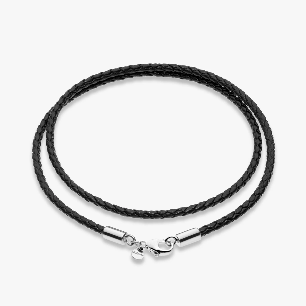 Braided Leather Cord Necklace with Sterling Silver Clasp, 3mm