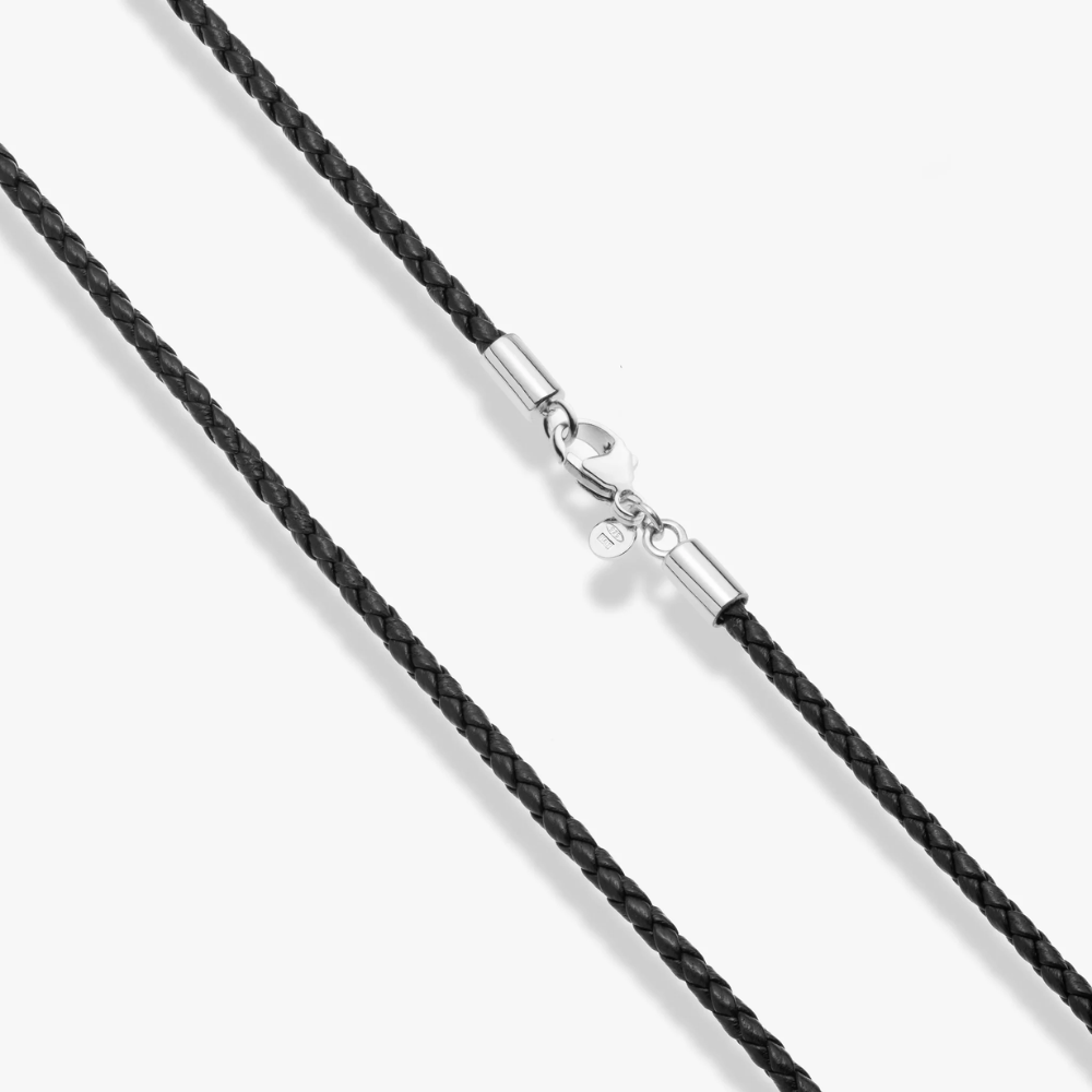 Braided Leather Cord Necklace with Sterling Silver Clasp, 3mm