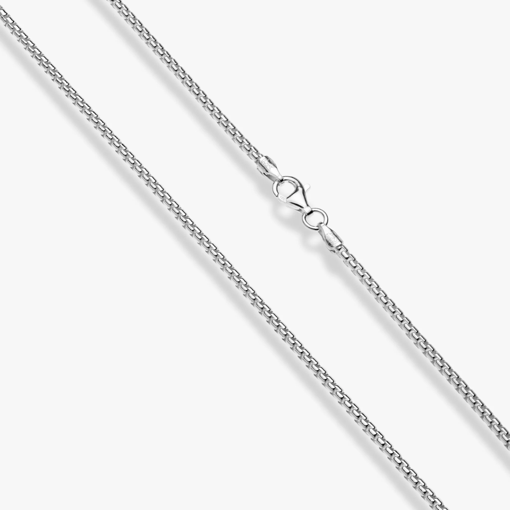 Round Box Chain Necklace in Sterling Silver, 2mm
