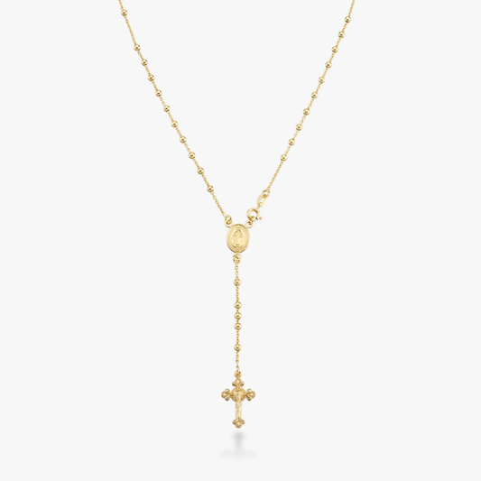Rosary Beaded Cross Y Necklace in 18K Gold Over Sterling Silver