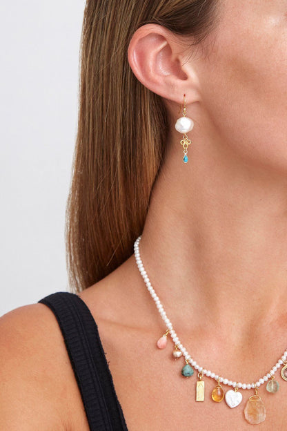 BELEN WHITE PEARL AND TURQUOISE EARRING