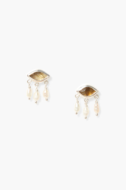 LABRADORITE SCLERA EARRING WITH PEARL FRINGE