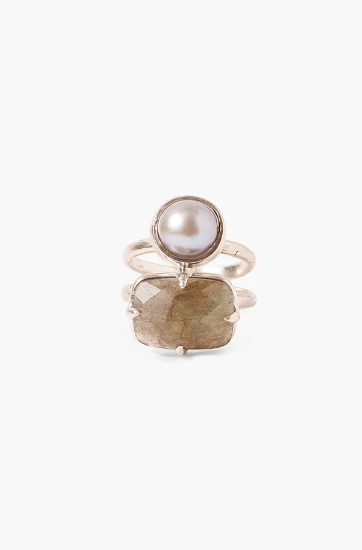 AKOYA PEARL STACKED RING WITH LABRADORITE