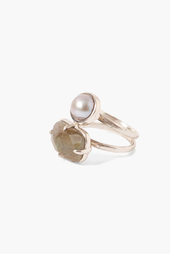 AKOYA PEARL STACKED RING WITH LABRADORITE