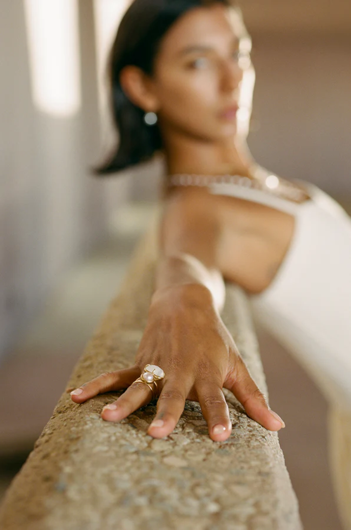 FRESHWATER PEARL STACKED RING WITH RAINBOW MOONSTONE