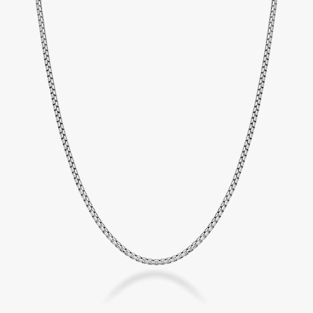 Round Box Chain Necklace in Rhodium Plated Sterling Silver, 2mm