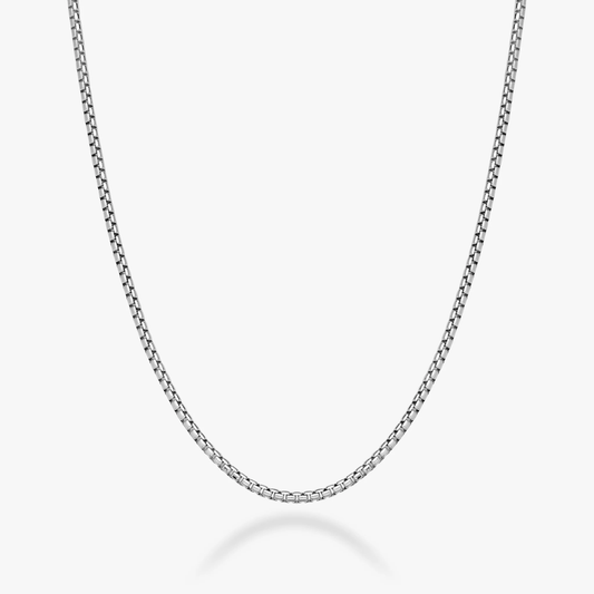 Round Box Chain Necklace in Rhodium Plated Sterling Silver, 2mm