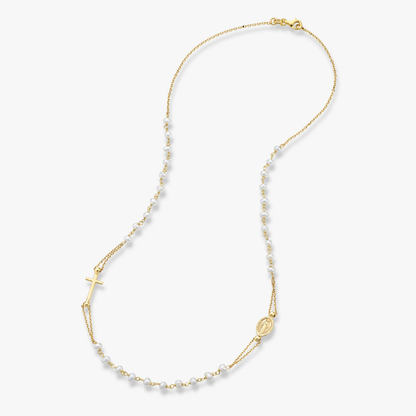 Freshwater Pearl Rosary Beaded Sideways Cross Necklace in 18K Gold Over Sterling Silver