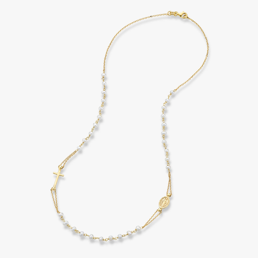 Freshwater Pearl Rosary Beaded Sideways Cross Necklace in 18K Gold Over Sterling Silver