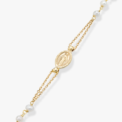 Freshwater Pearl Rosary Beaded Sideways Cross Necklace in 18K Gold Over Sterling Silver