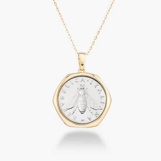 Original 2-Lira Bee Coin Pendant Necklace in 18K Gold Over Sterling Silver