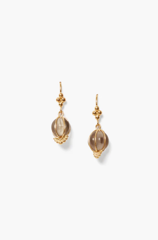 SMOKY QUARTZ GOLDEN CAGE BALLOON EARRING