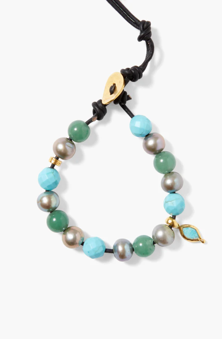 TURQUOISE, AVENTURINE AND PEARL BLACK LEATHER WRAP BRACELET