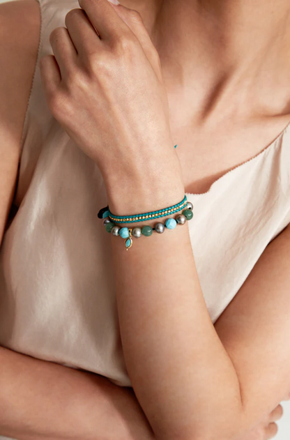 TURQUOISE, AVENTURINE AND PEARL BLACK LEATHER WRAP BRACELET