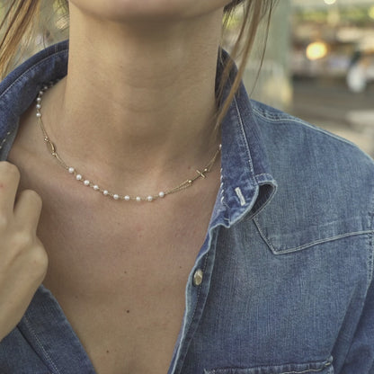 Freshwater Pearl Rosary Beaded Sideways Cross Necklace in 18K Gold Over Sterling Silver