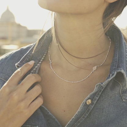 Rosary Sideways Cross Necklace in Sterling Silver